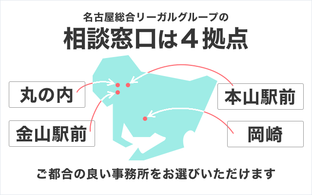 弁護士法人名古屋総合法律事務所の相談拠点は4拠点　ご都合の良い事務所をお選びいただけます